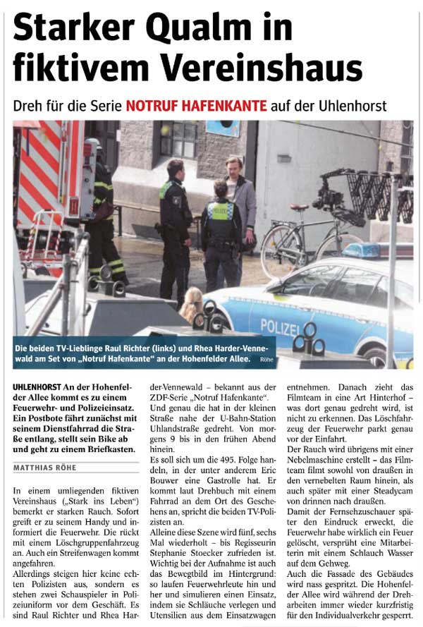 Foto und Text über Dreharbeiten für Notruf Hafenkante